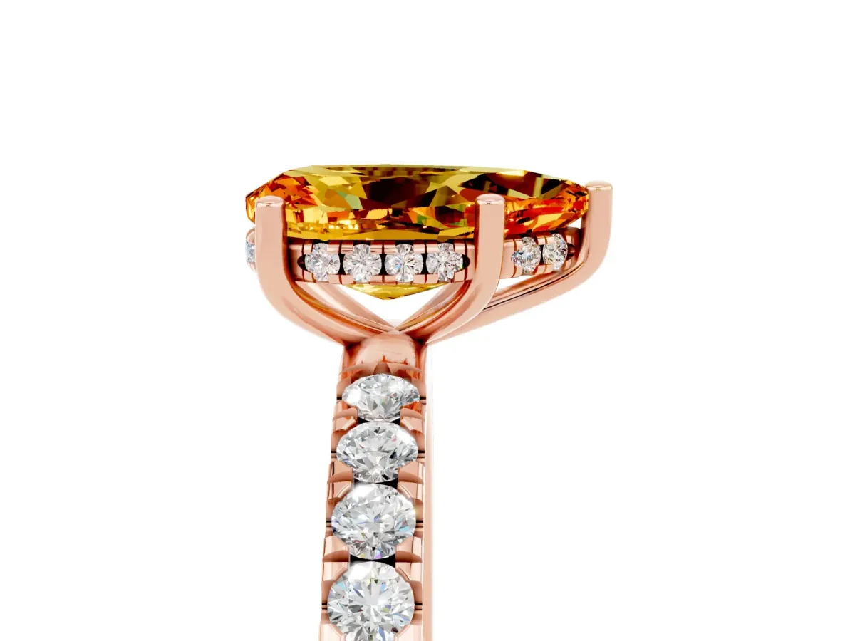 Pear Cut Citrine Pave Band Solitaire Ring with Round and Prong Setting Rose gold
