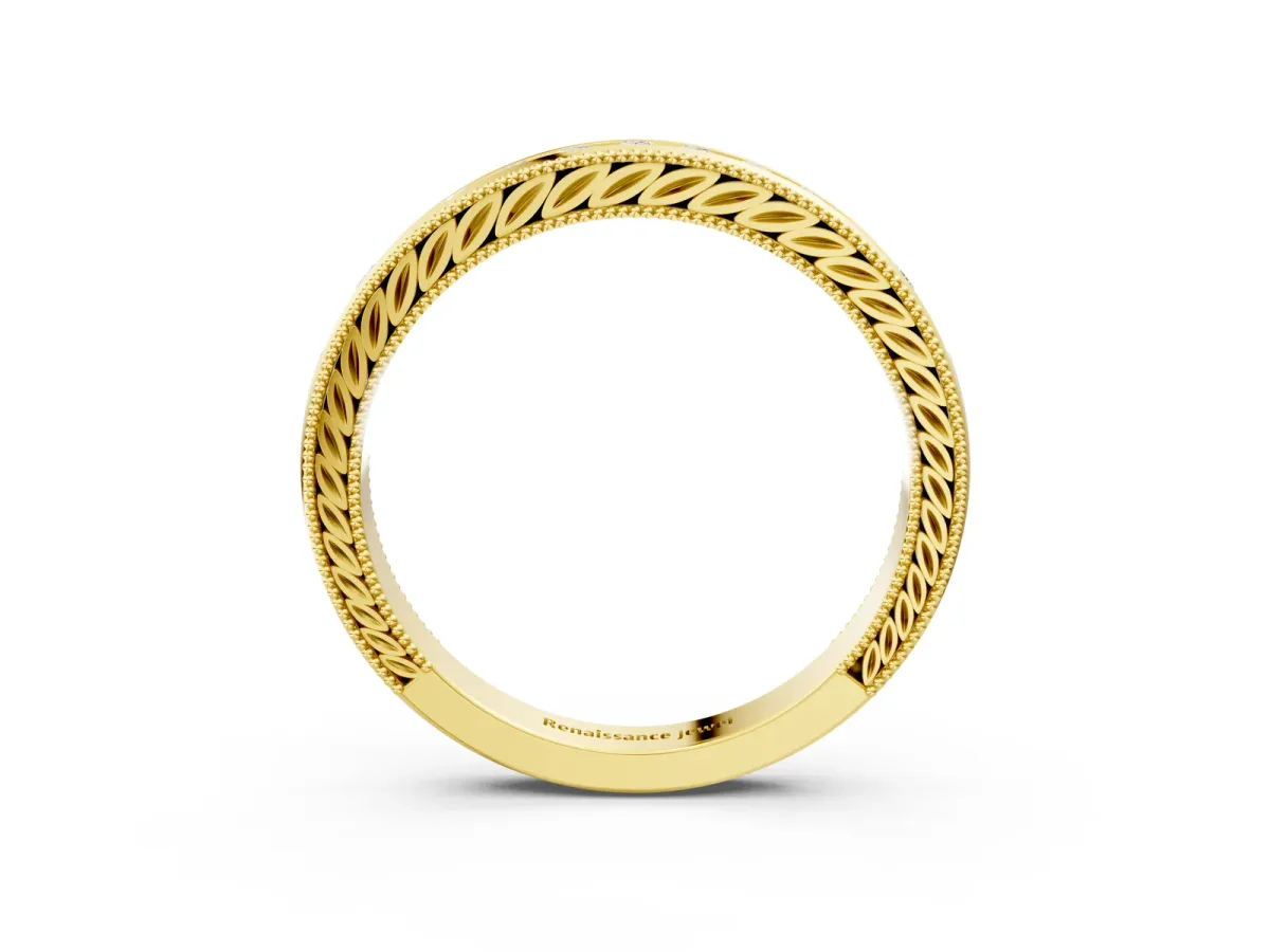 Channel Set Round Diamond Milgrain Edge Wedding Band Yellow gold