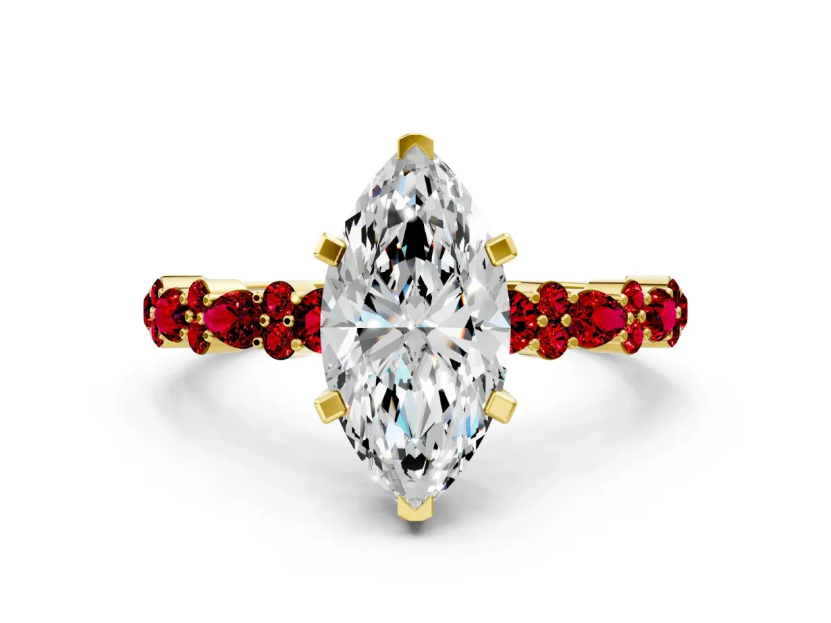 Marquise Cut Diamond Side Stone Solitaire Ring with Round Ruby and Four-Prong Setting Yellow gold