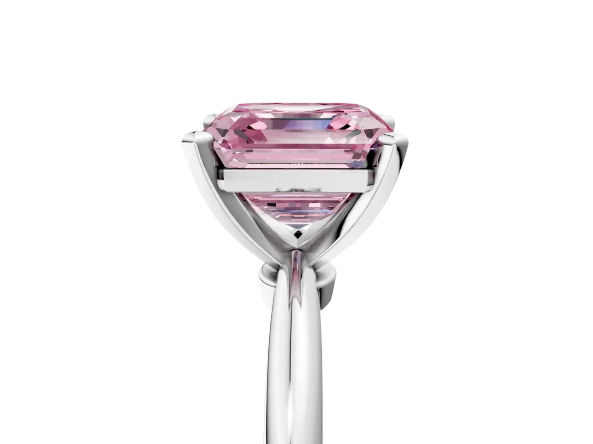 Fancy Pink Asscher Cut Diamond Solitaire Ring with Six-Prong Setting and Classic Band Silver