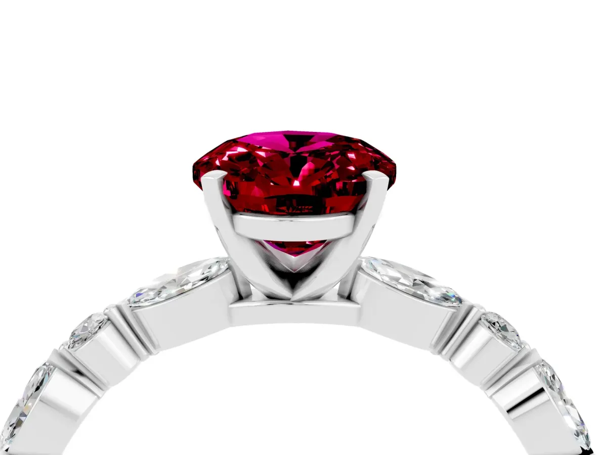 Oval Cut Garnet Ring with Marquise and Round Side Stones and Four-Prong Setting Silver