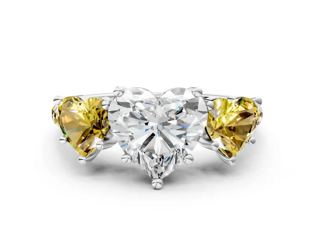 Three-Stone Heart Cut Diamond Ring with Round Yellow Sapphire Pavé Band and Prong Setting Silver