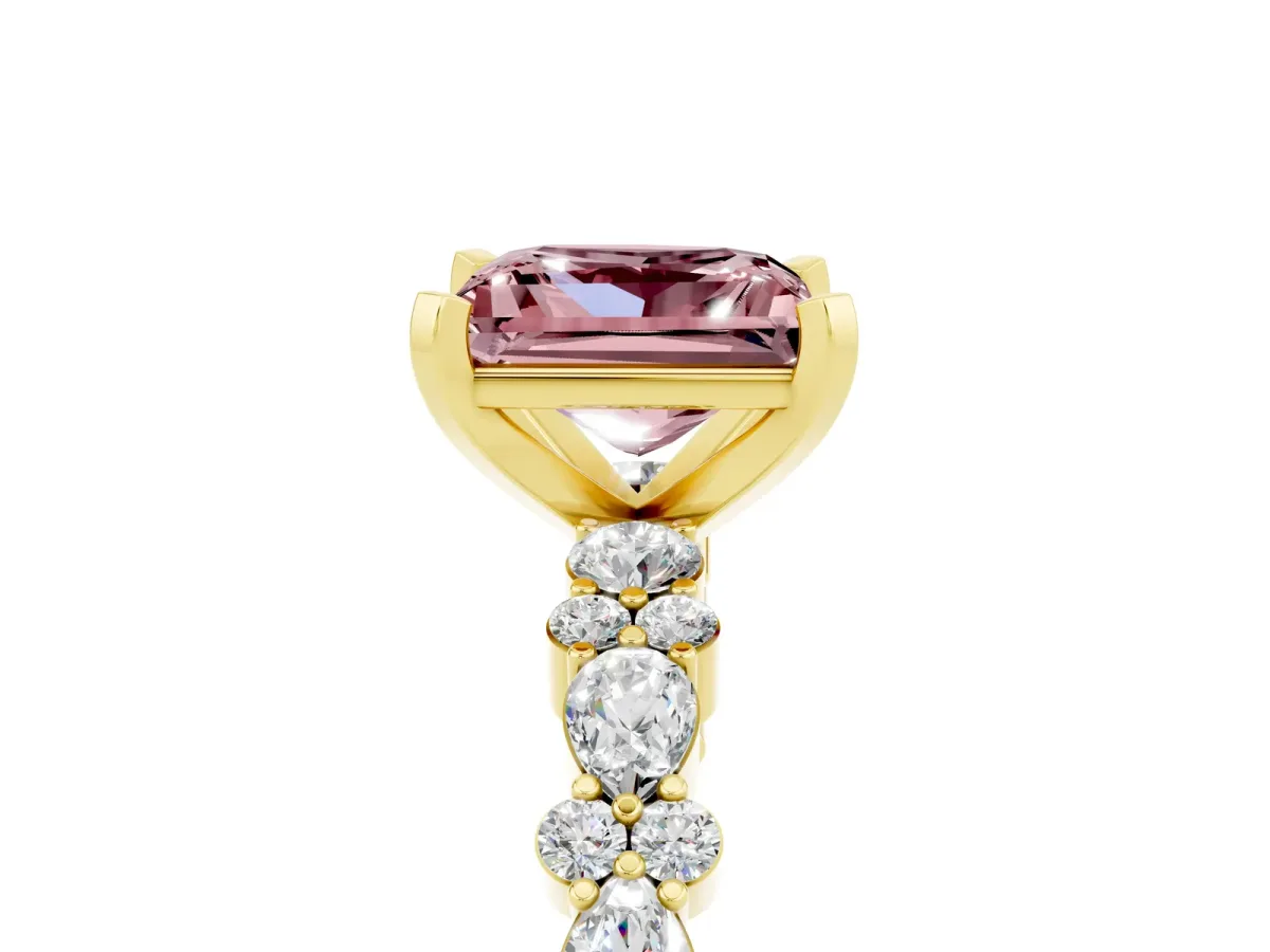 Princess Cut Morganite Side Stone Solitaire Ring with Round and Four-Prong Setting Yellow gold
