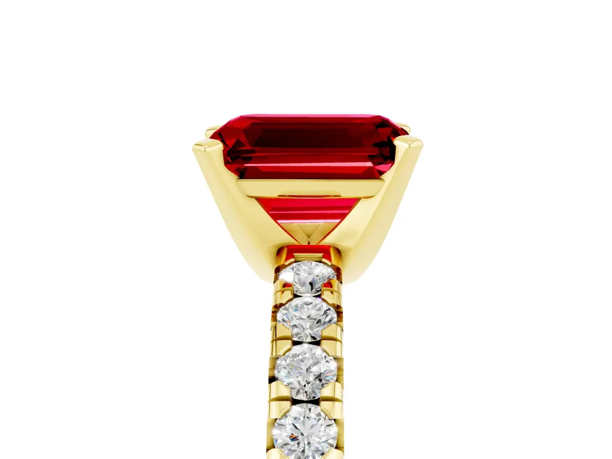 Emerald Cut Ruby Solitaire Pavé Engagement Ring with Round Band and Prong Setting Yellow gold