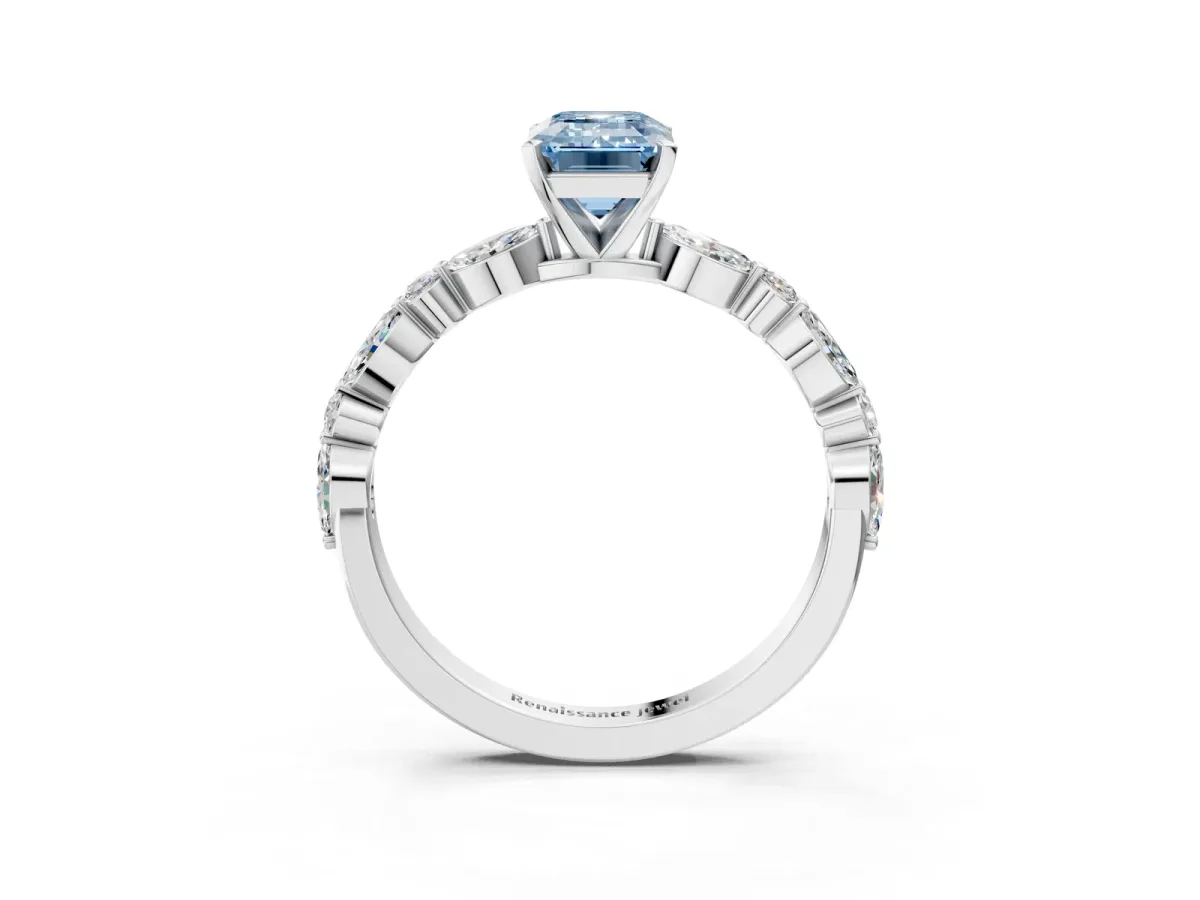 Fancy Blue Emerald Cut Diamond Ring with Marquise and Round Side Stones and Four-Prong Setting Silver