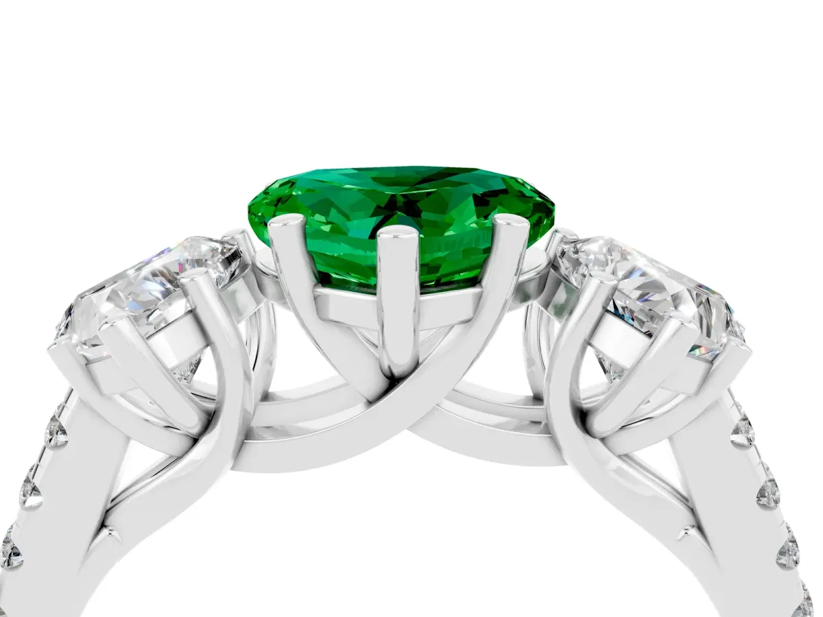 Three-Stone Heart Cut Emerald Ring with Round Pavé Band and Prong Setting Platinum