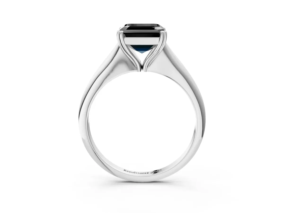 Fancy Black Asscher Cut Solitaire Diamond Ring with Six-Prong Setting and Classic Band Platinum
