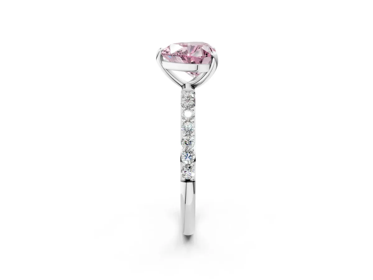 Fancy Pink Heart Cut Diamond Solitaire Ring with Round Pavé Band and Prong Setting Silver