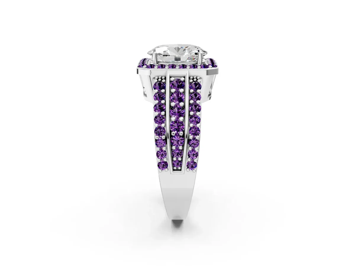 Oval Cut Halo Diamond Ring with Round Amethyst Split Shank and Prong Setting White gold