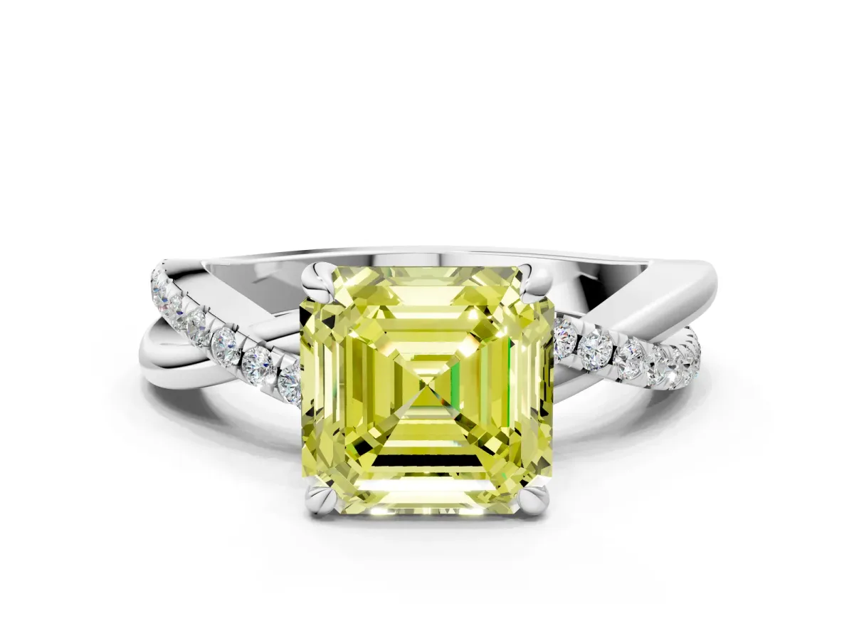 Fancy Yellow Asscher Cut Cut Twist Band Solitaire Diamond Ring with Pavé Setting Platinum