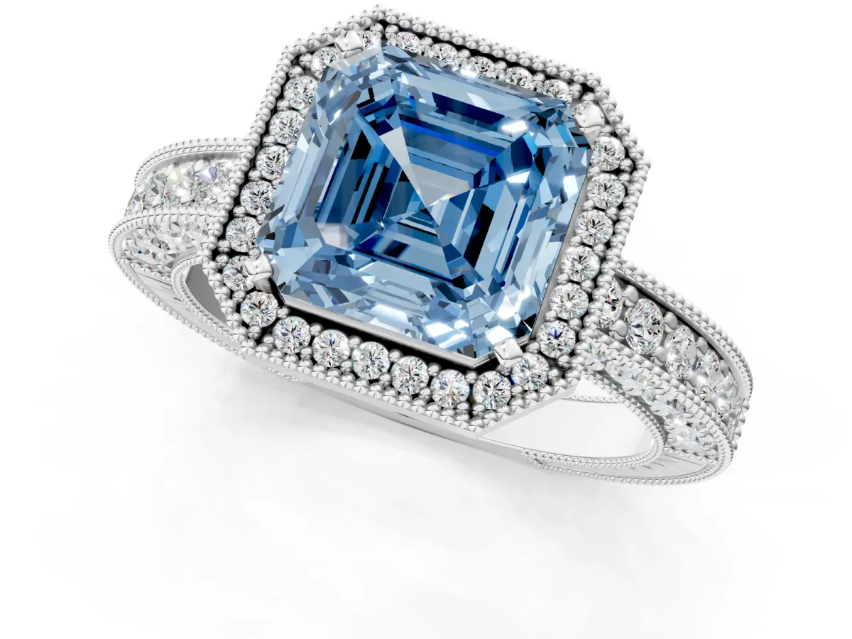 Fancy Blue Asscher Cut Cut Halo Diamond Pave Band Ring with Four-Prong Setting Platinum