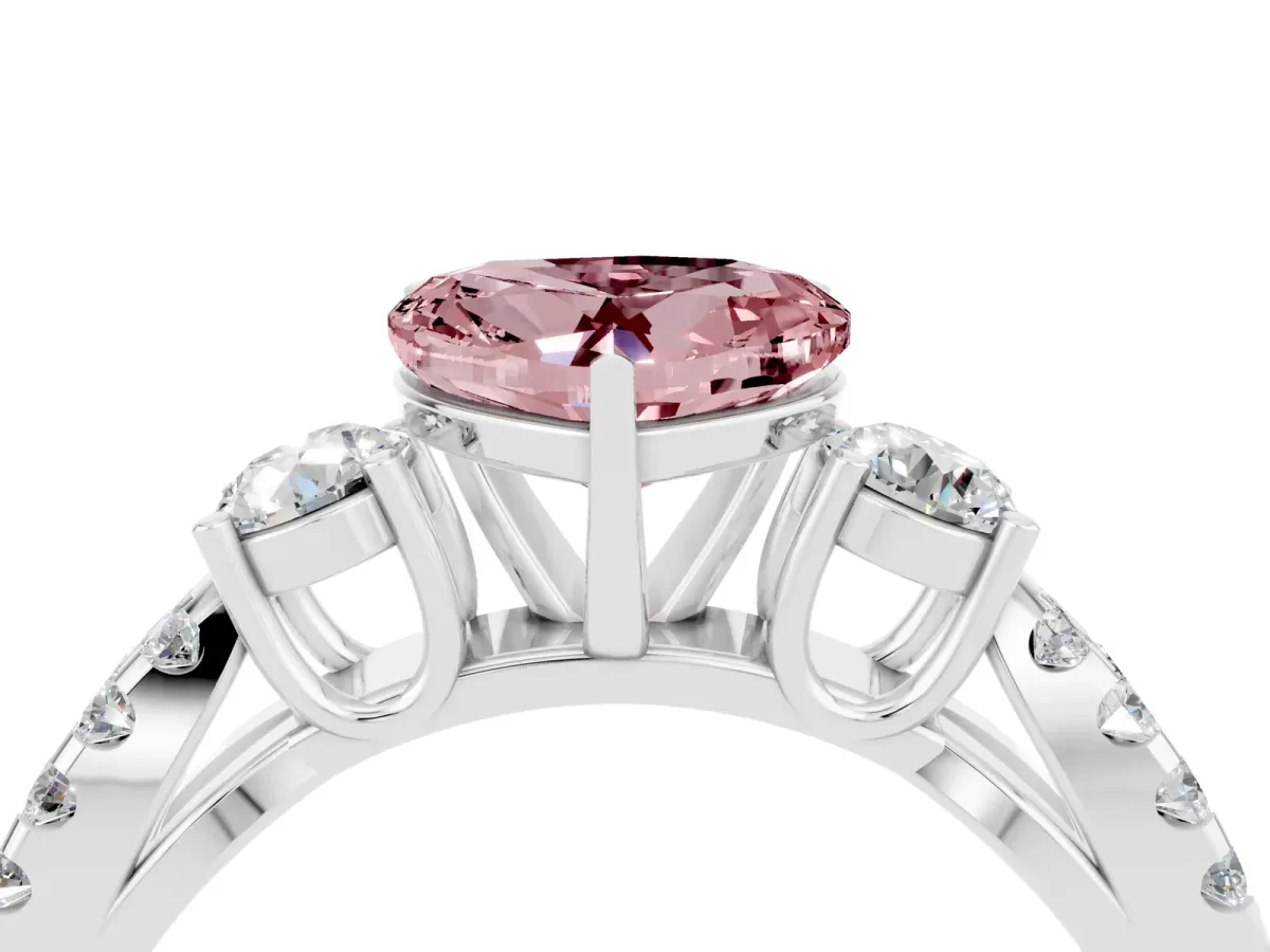 Heart Cut Morganite Three-Stone Ring with Pavé Split Shank and Four-Prong Setting White gold