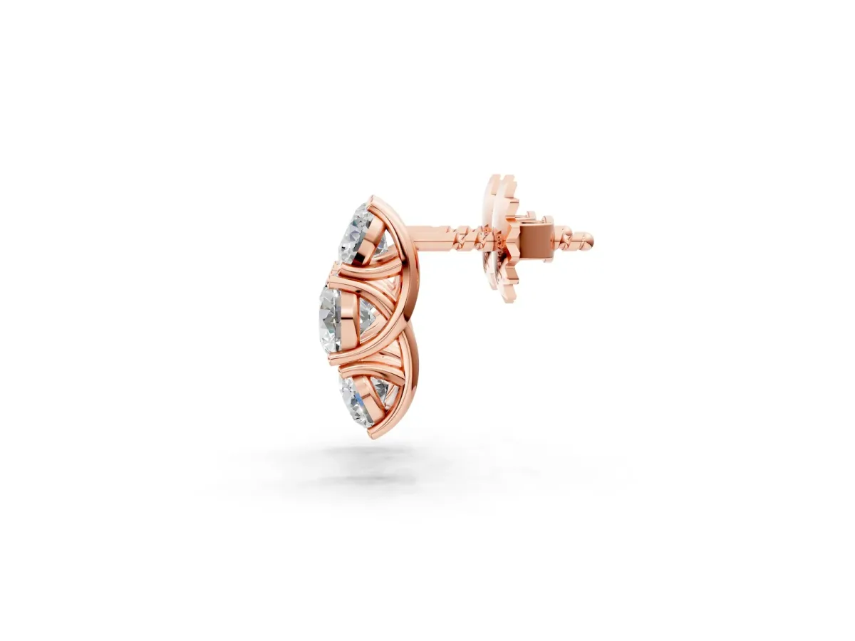 Round Diamond Prong Set Three-Stone White Gold Earrings Rose gold