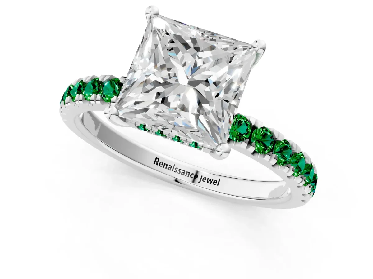 Princess Cut Diamond Pave Band Solitaire Ring with Round Emerald and Prong Setting Silver