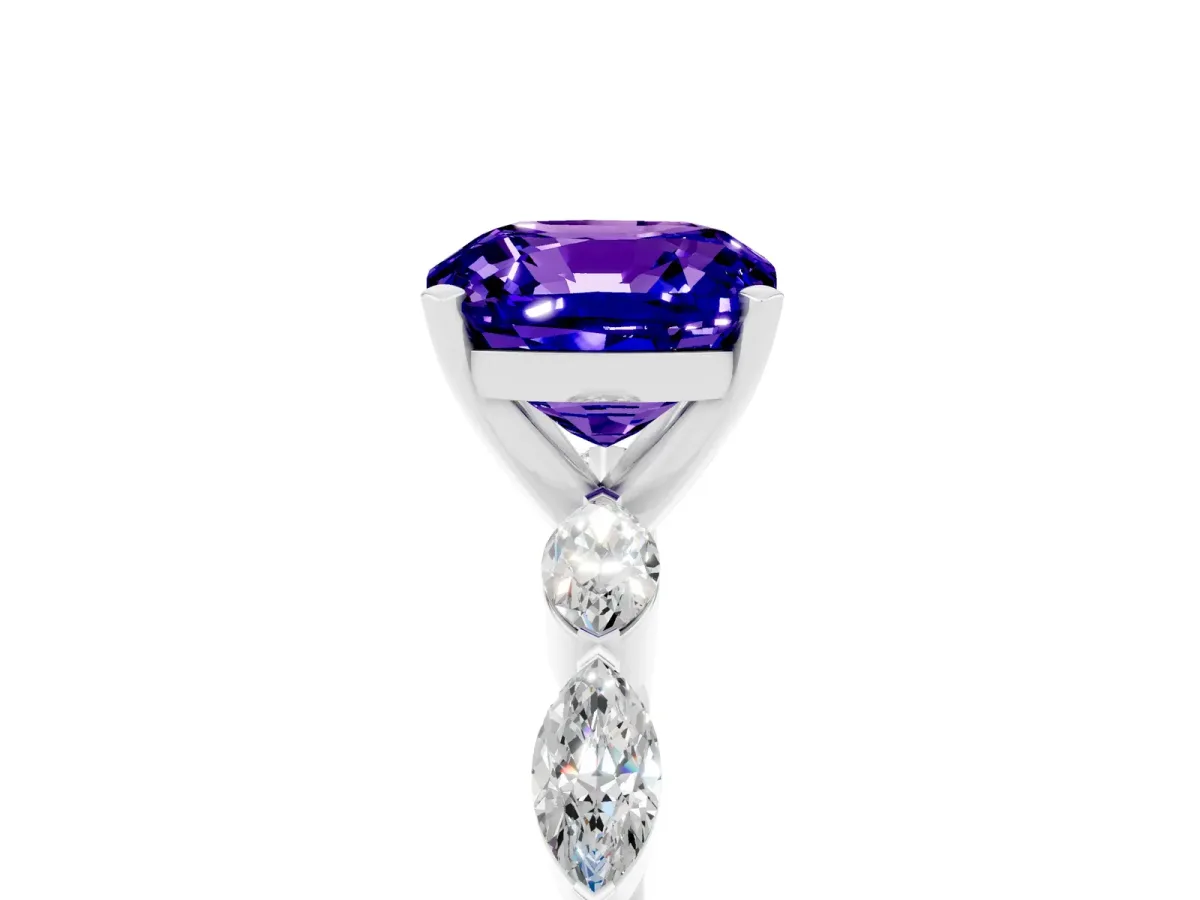 Cushion Cut Tanzanite Ring with Marquise Side Stones and Prong Setting Platinum