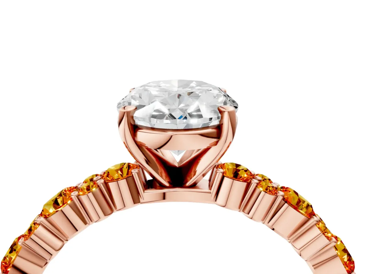Oval Cut Diamond Side Stone Solitaire Ring with Round Citrine and Four-Prong Setting Rose gold