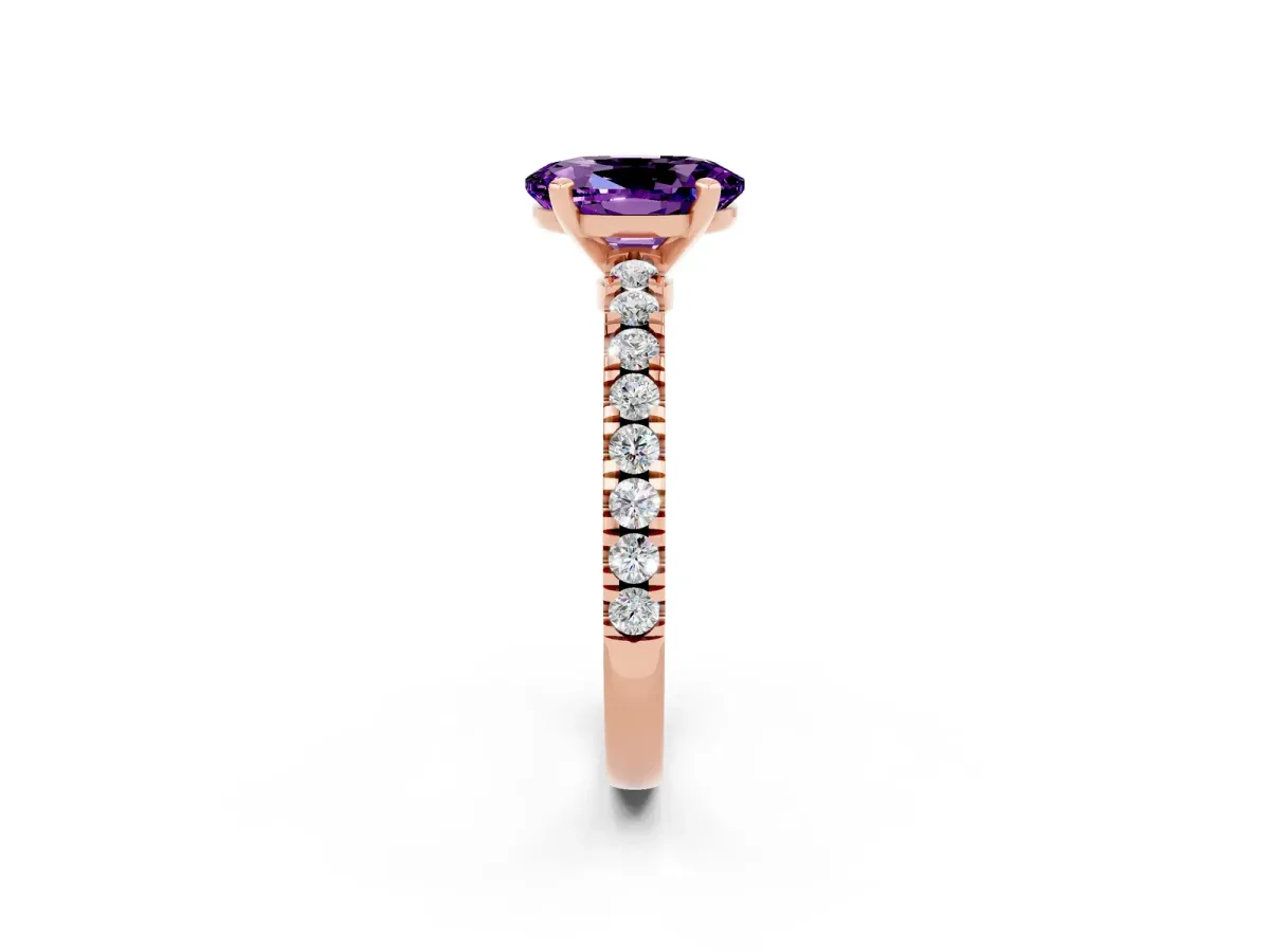 Oval Cut Solitaire Amethyst with Pavé Band and Four-Prong Setting Rose gold
