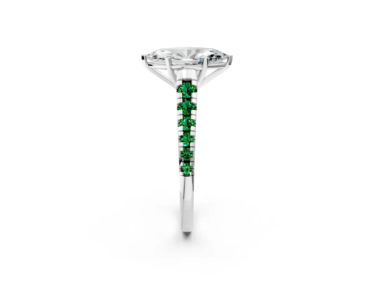 Marquise Cut Diamond Cathedral Solitaire Ring with Round Emerald Pavé Band Silver
