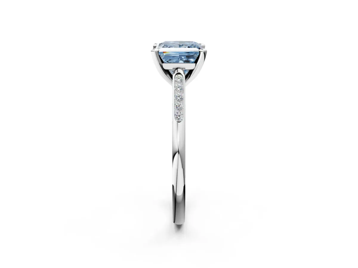 Fancy Blue Princess Cut Diamond Solitaire Ring with Channel Set Round Band and Prong Setting Silver
