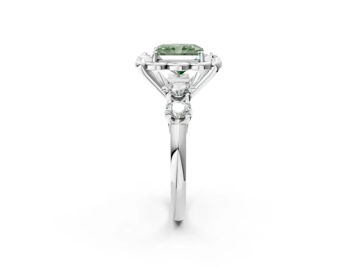 Fancy Green Radiant Cut Cut Diamond Floral Halo Engagement Ring with Shared Prong Setting Silver