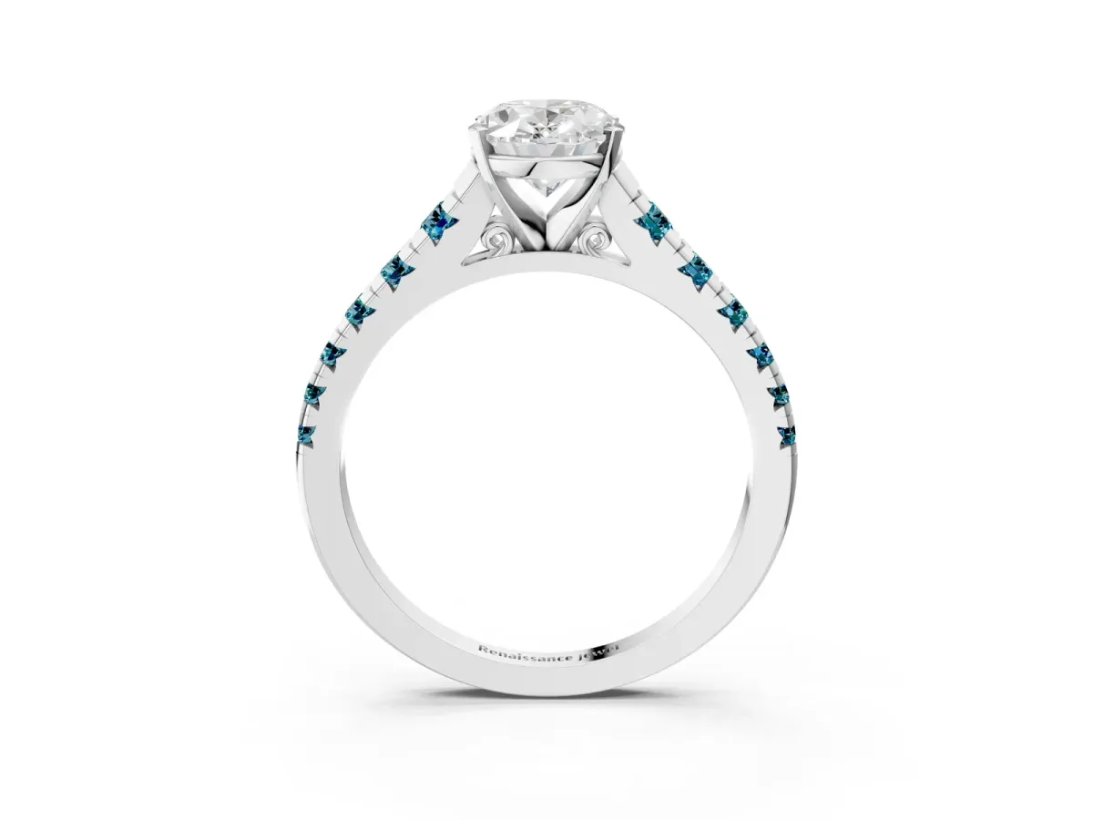 Oval Cut Diamond Cathedral Solitaire Ring with Round Blue Topaz Pavé Band Silver