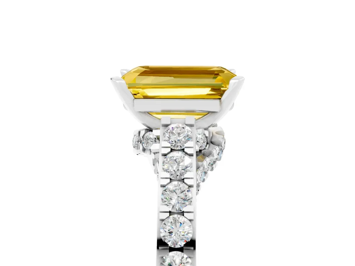 Emerald Cut Yellow Sapphire Solitaire Ring with Crossover Gallery and Round Pavé Band Silver