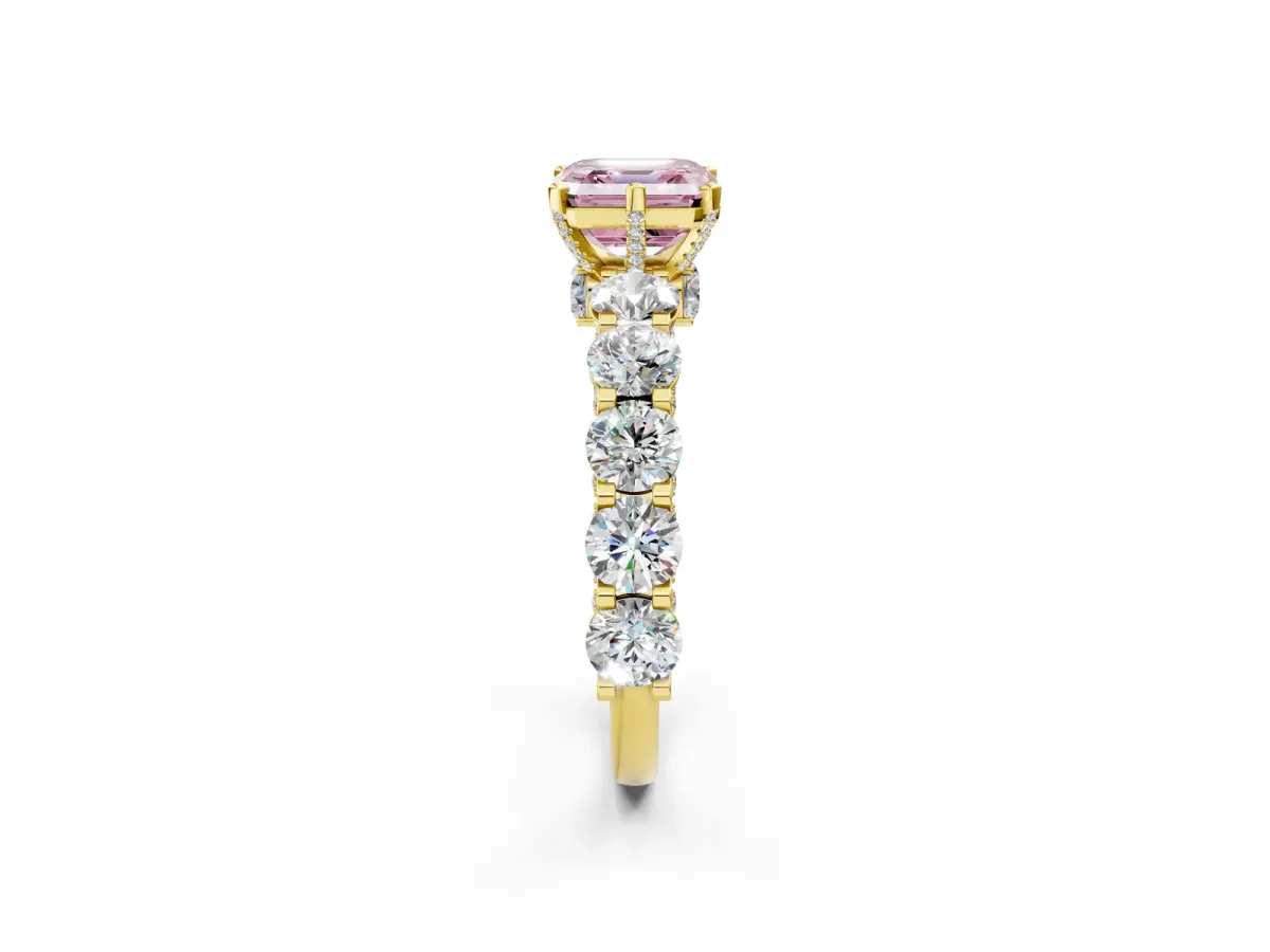 Fancy Pink Asscher Cut Diamond Side Stone Engagement Ring with Four-Prong Setting Yellow gold