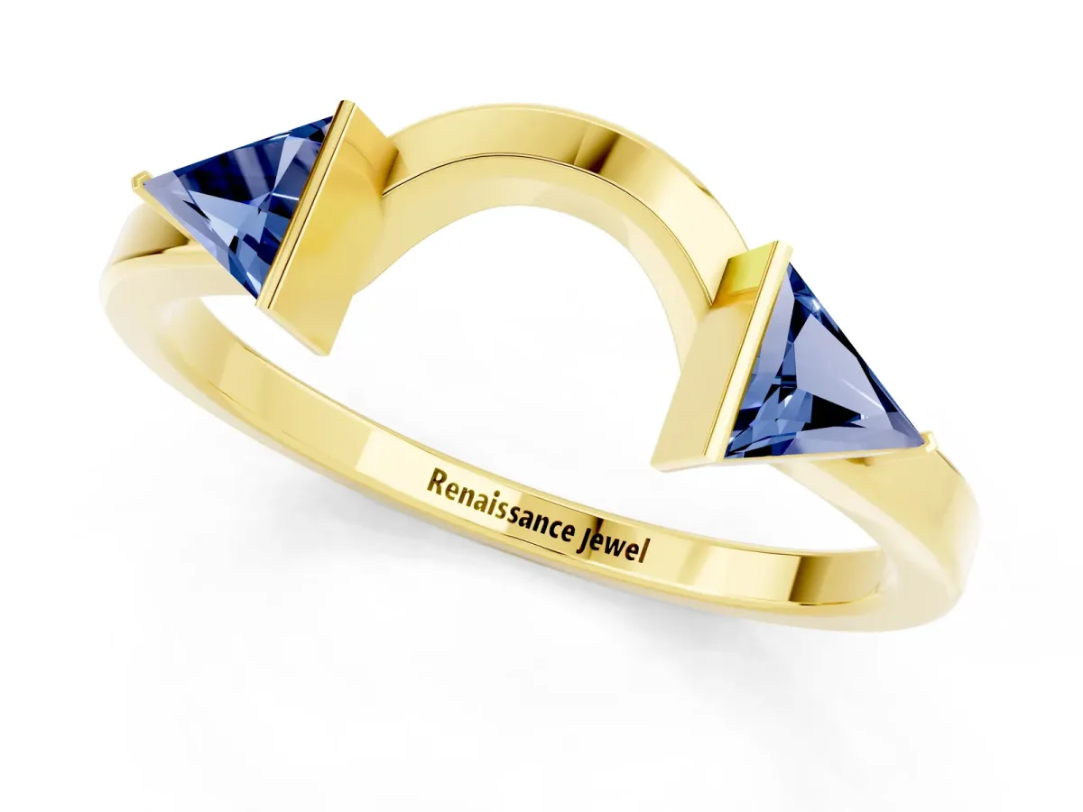 Trillion Blue Sapphire Open Band Ring with Bezel Setting Yellow gold