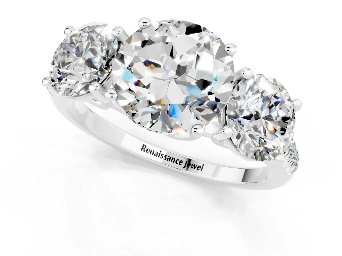 Three-Stone Round Cut Moissanite Ring with Round Pavé Band and Prong Setting Silver