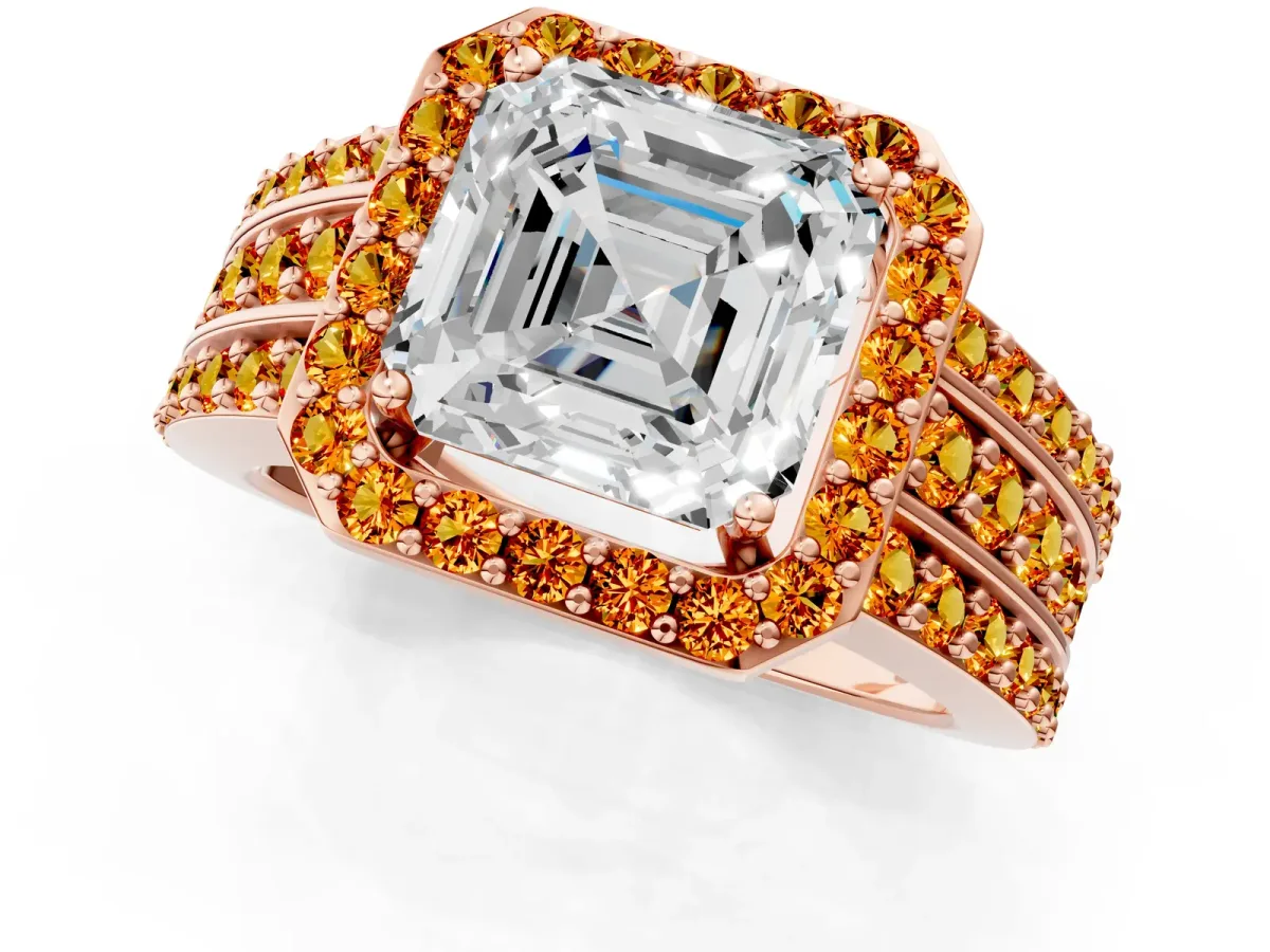 Asscher Cut Halo Diamond Ring with Round Citrine Split Shank and Prong Setting Rose gold