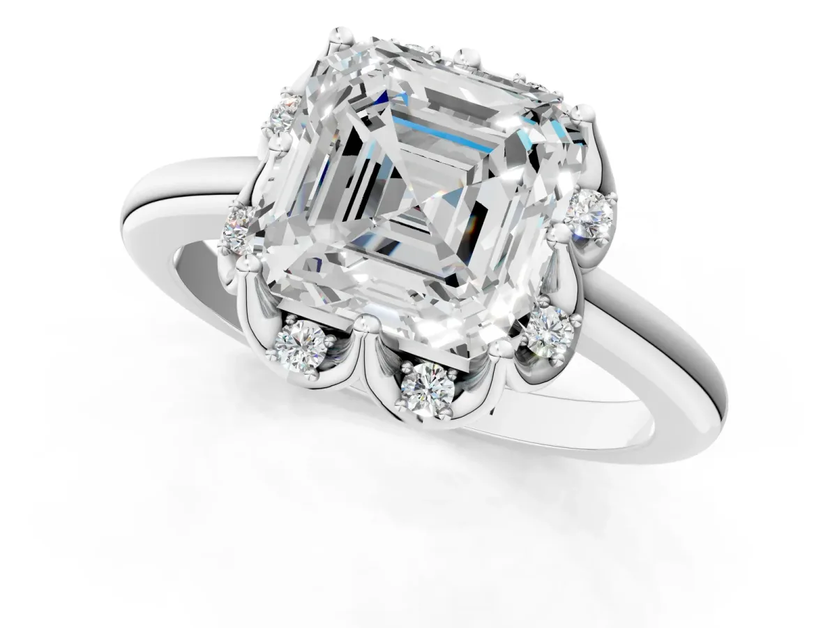 Asscher Cut Halo Diamond Ring with Round Cluster Setting, Solitaire Band, and Four-Prong Setting Platinum
