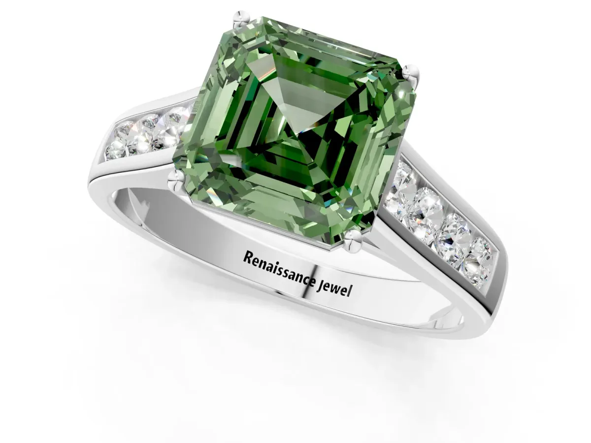 Fancy Green Asscher Cut Solitaire Channel-Set Diamond Engagement Ring with Four-Prong Setting Platinum