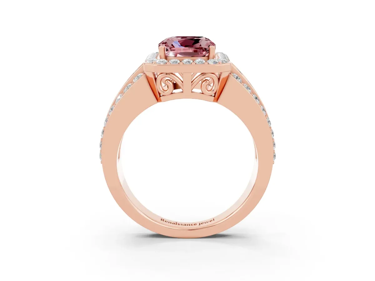 Cushion Cut Halo Morganite Ring with Round Split Shank and Prong Setting Rose gold