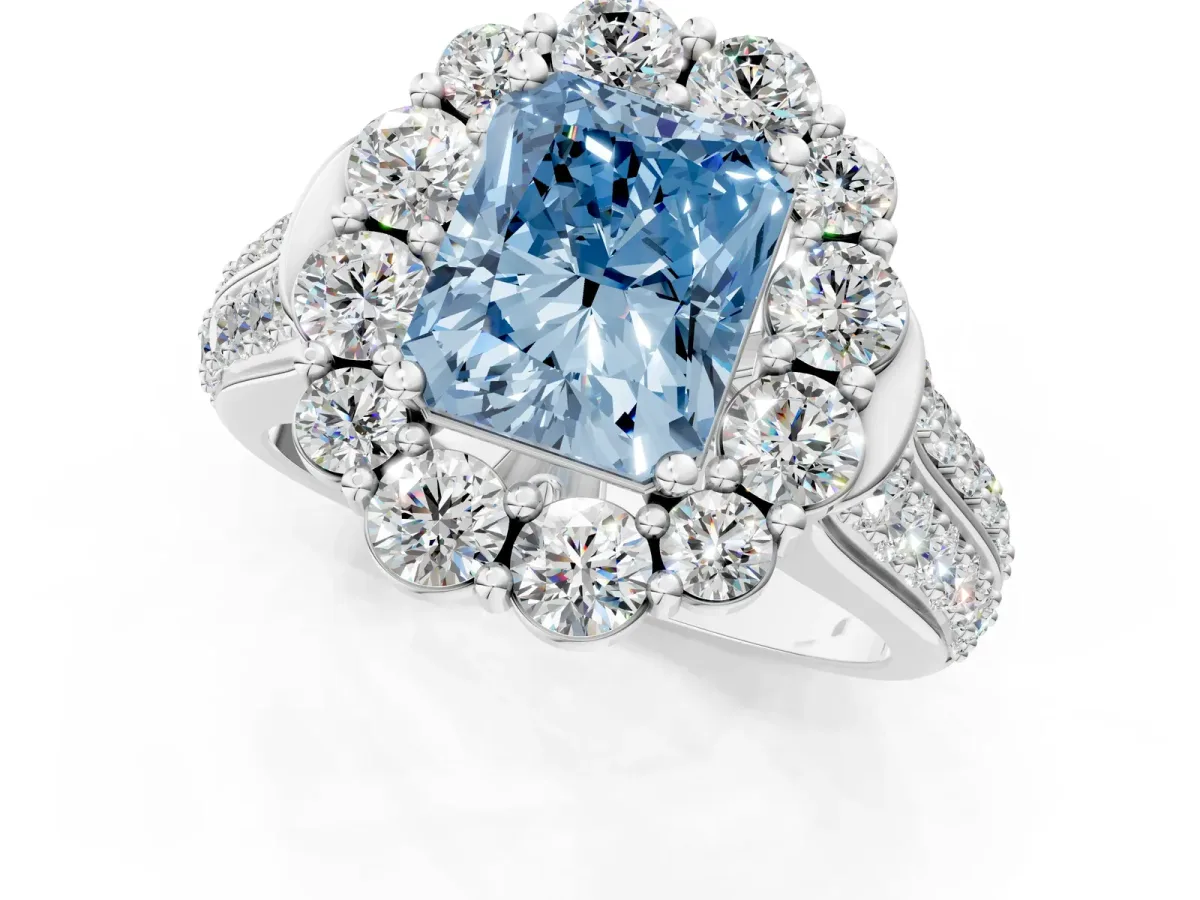 Fancy Blue Radiant Cut Halo Diamond Engagement Ring with Split Shank and Prong Setting Platinum