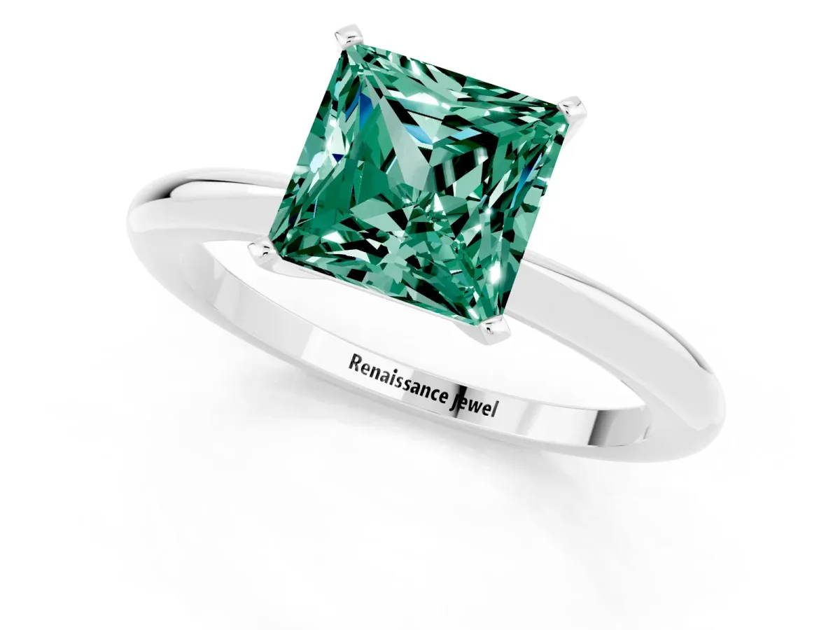 Princess Cut Green Sapphire Solitaire Ring with Six-Prong Setting and Classic Band Silver