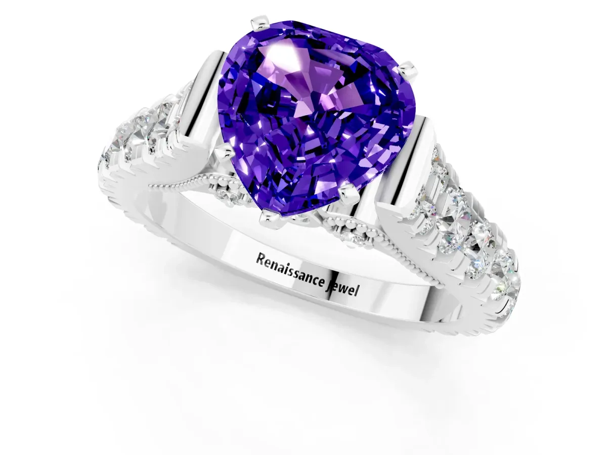Heart Cut Tanzanite Classic Solitaire Ring with Pavé Band and Four-Prong Setting Silver