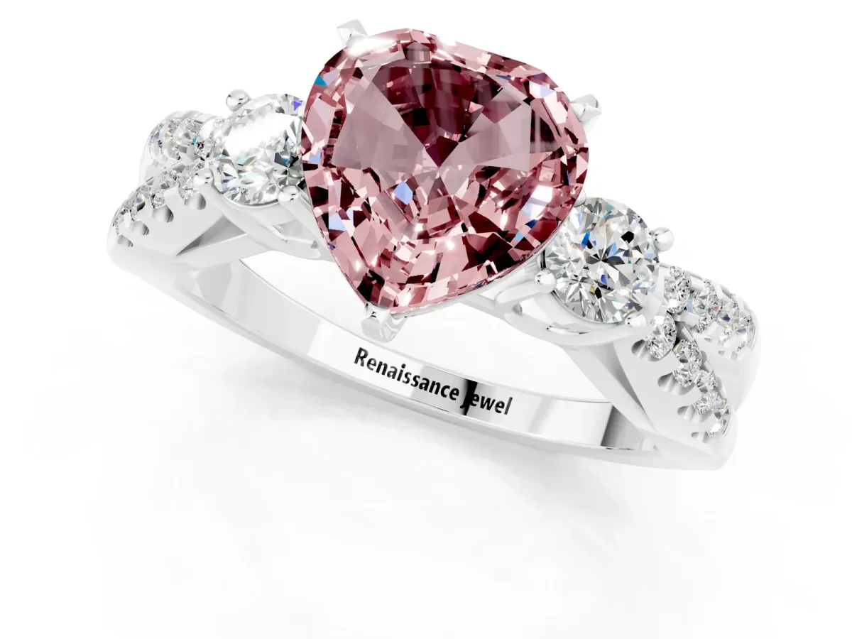 Heart Cut Morganite Three-Stone Ring with Pavé Split Shank and Four-Prong Setting White gold