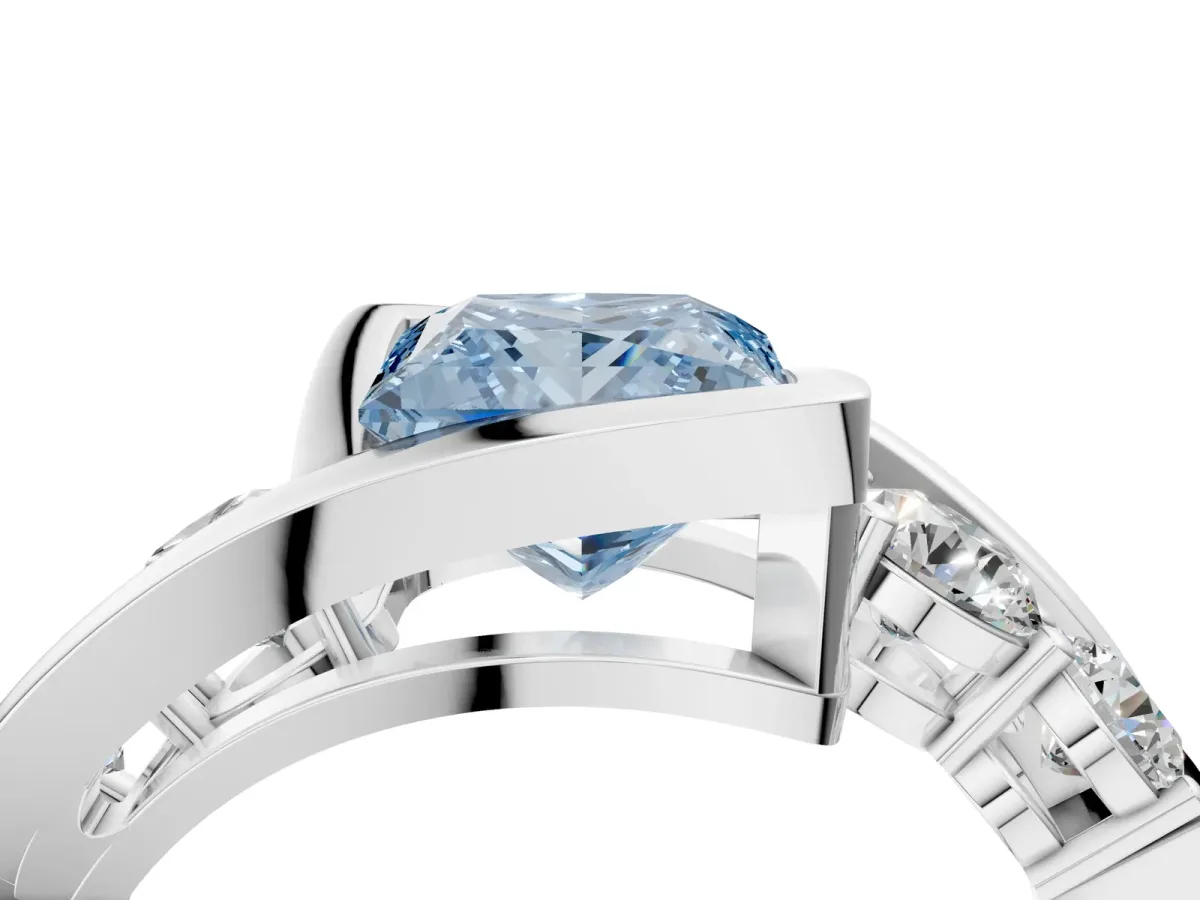 Fancy Blue Bezel Set Princess Cut Diamond Bypass Ring with Round Accents Platinum