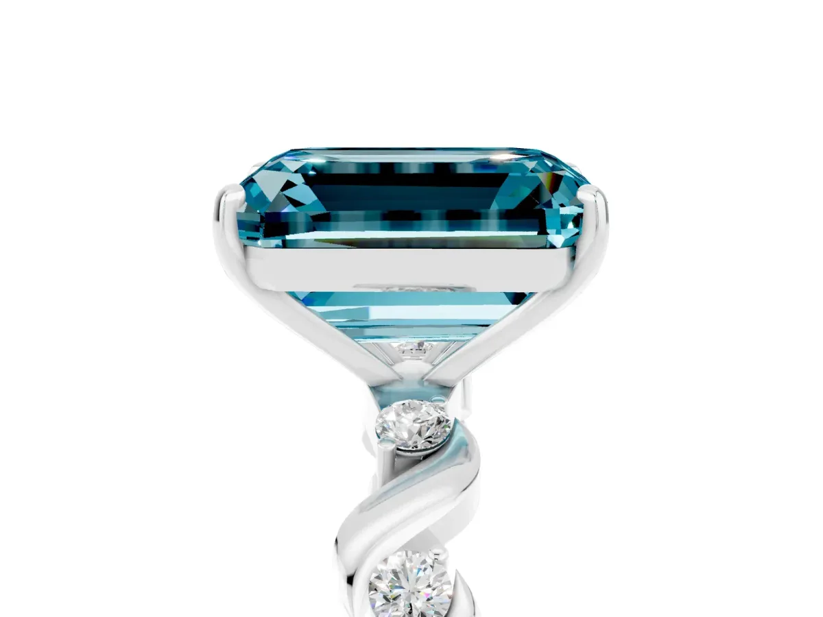 Emerald Cut Blue Topaz Solitaire Twisted Band with Round Accents and Prong Setting Silver
