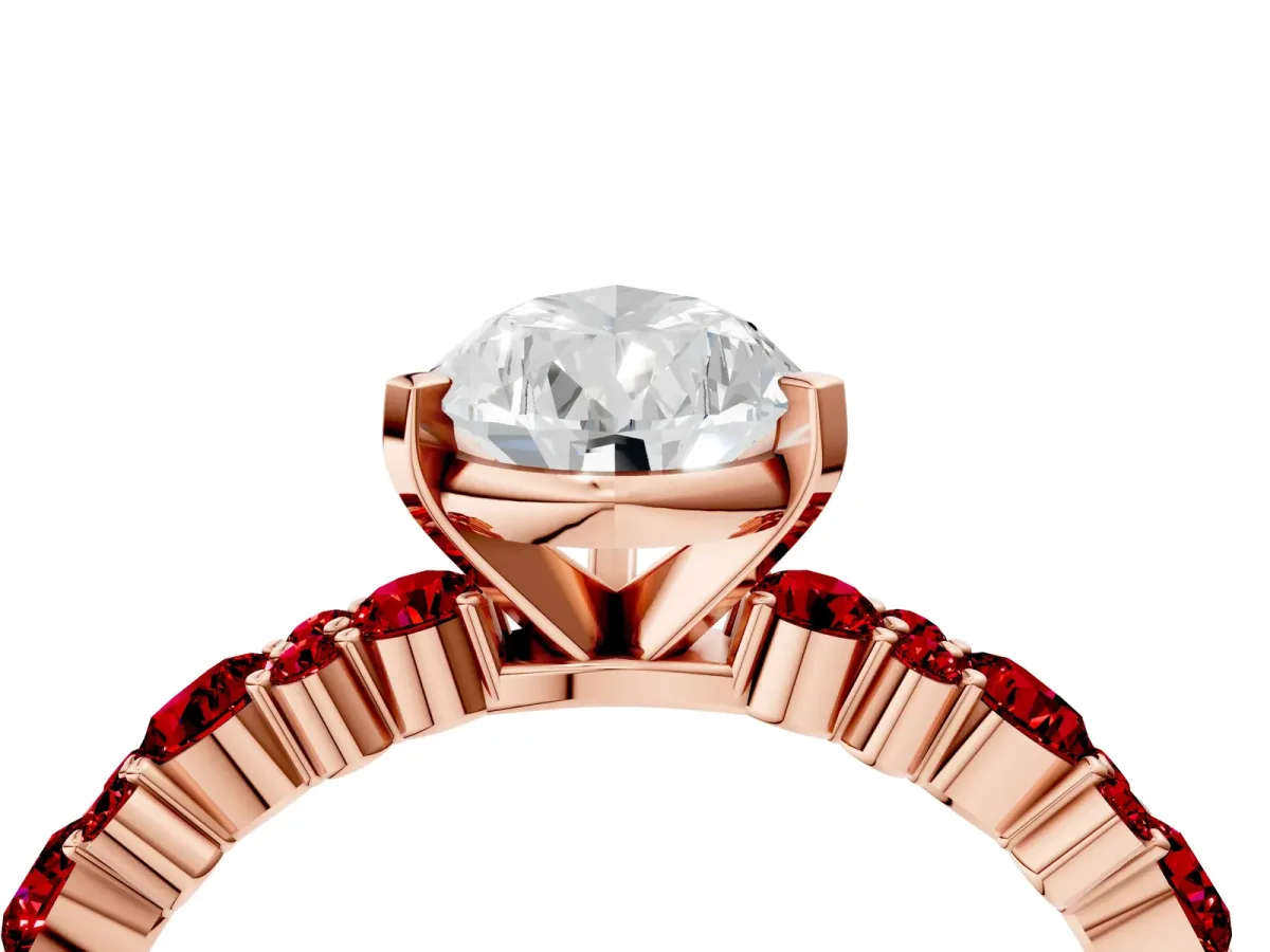 Pear Cut Diamond Side Stone Solitaire Ring with Round Ruby and Four-Prong Setting Rose gold