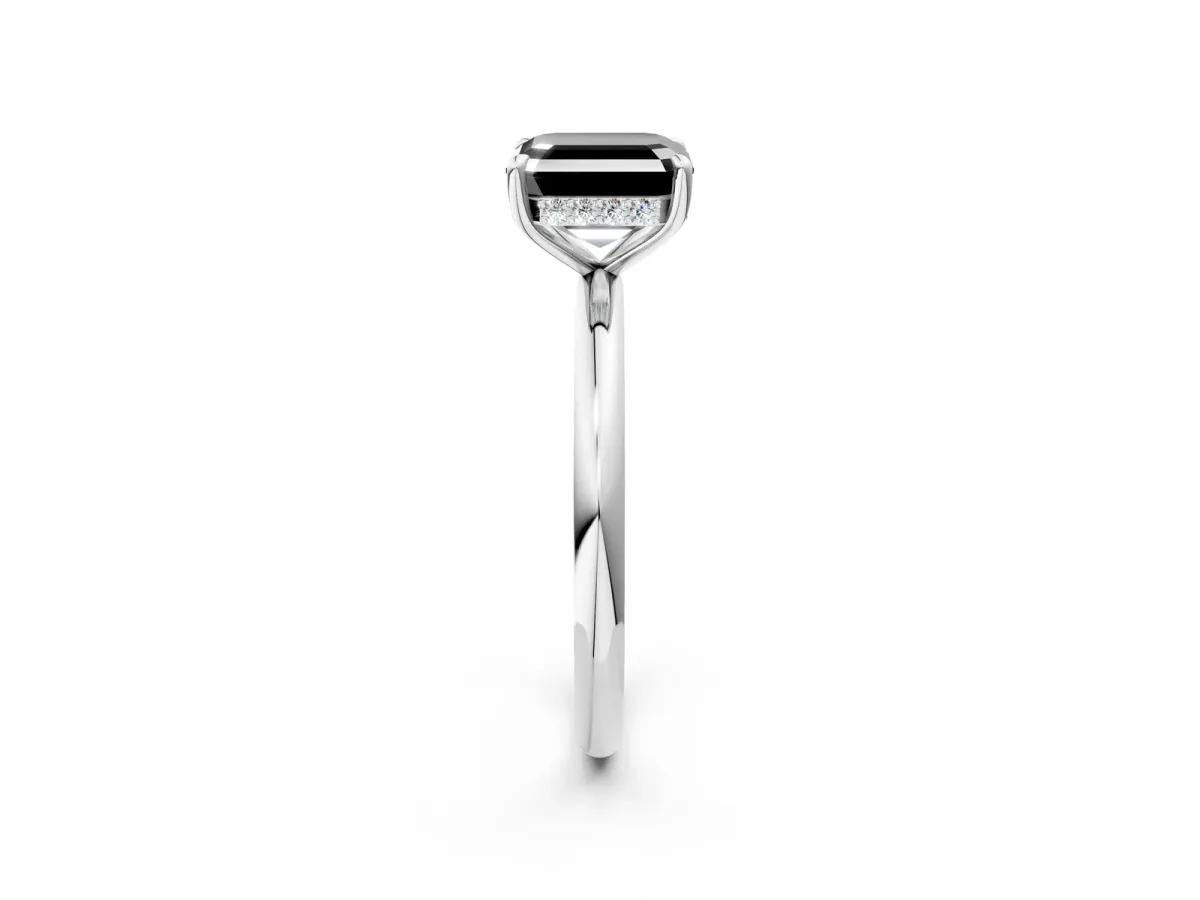 Fancy Black Asscher Cut Diamond Solitaire Ring with Thin Band and Four-Prong Setting Platinum