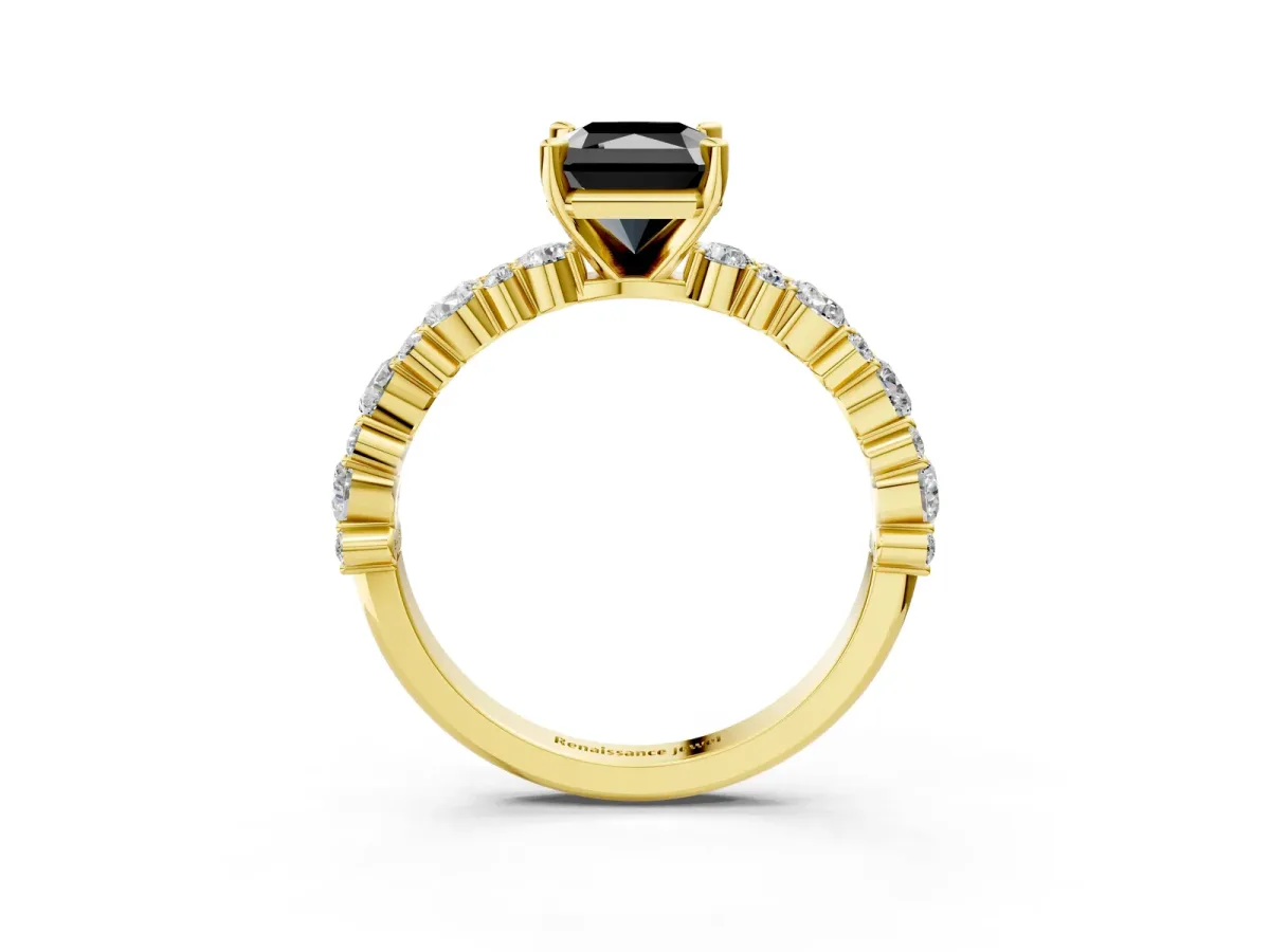 Fancy Black Radiant Cut Diamond Side Stone Solitaire Ring with Round and Four-Prong Setting Yellow gold