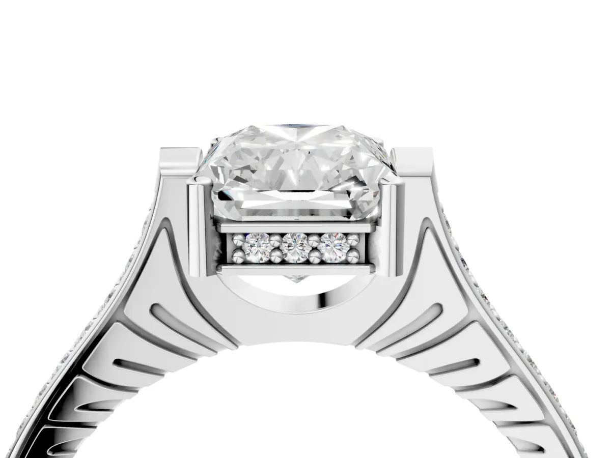Radiant Cut Solitaire Diamond Ring with Channel Set Band and Bezel Prong Setting Platinum