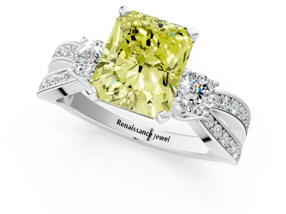 Fancy Yellow Three-Stone Radiant Cut Cut Diamond Twist Band with Prong Setting Platinum