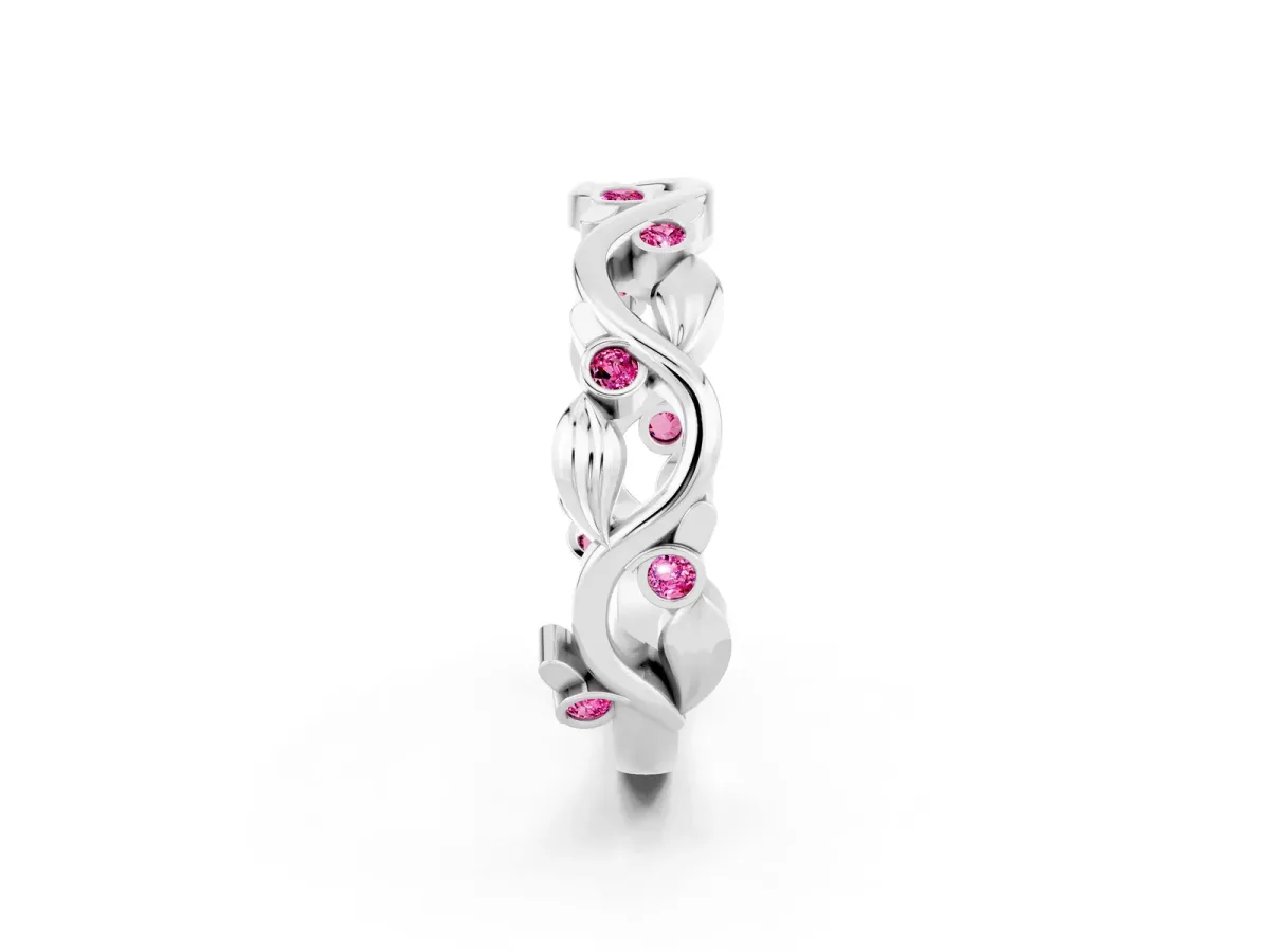 Round Pink Sapphire Leaf Eternity Band with Bezel Setting White gold
