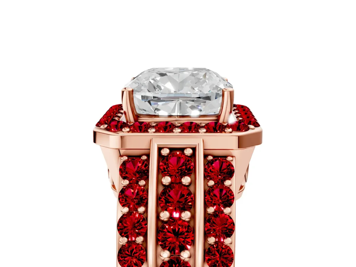 Cushion Cut Halo Diamond Ring with Round Ruby Split Shank and Prong Setting Rose gold