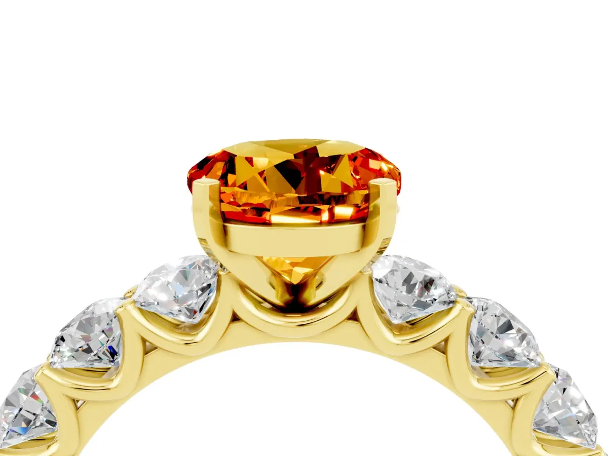 Round Cut Citrine Prong Setting with Side Stones on a Pave Band Yellow gold