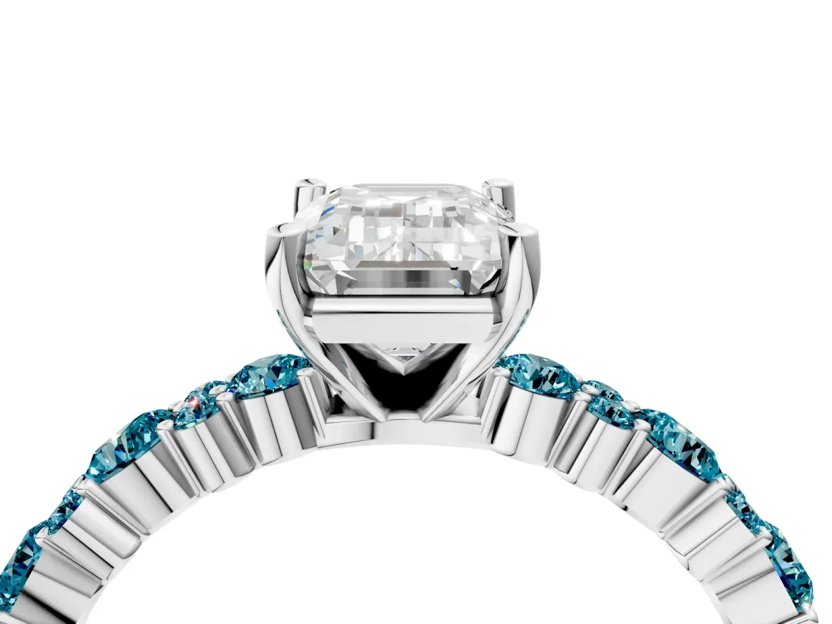 Emerald Cut Diamond Side Stone Solitaire Ring with Round Blue Topaz and Four-Prong Setting Platinum