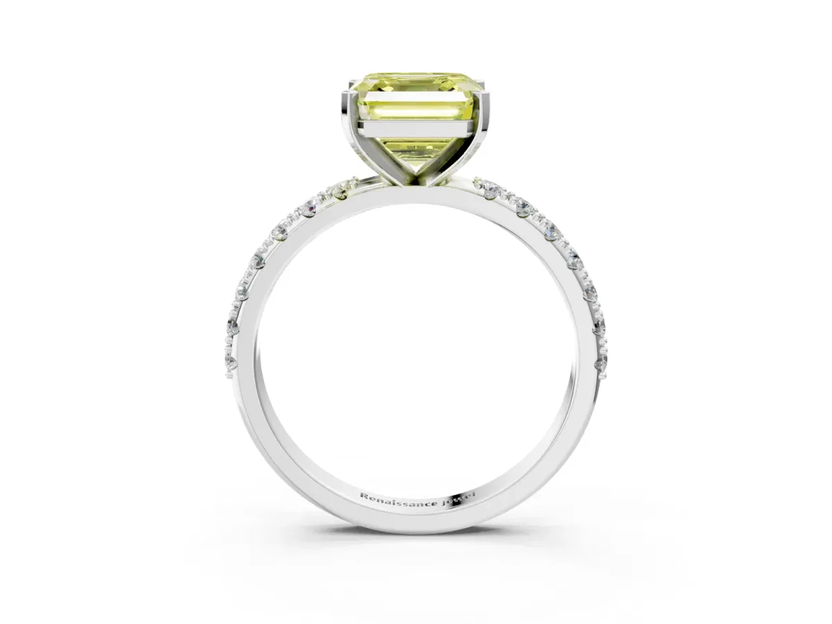 Fancy Yellow Asscher Cut Diamond Solitaire Pavé Band with Four-Prong Setting Platinum