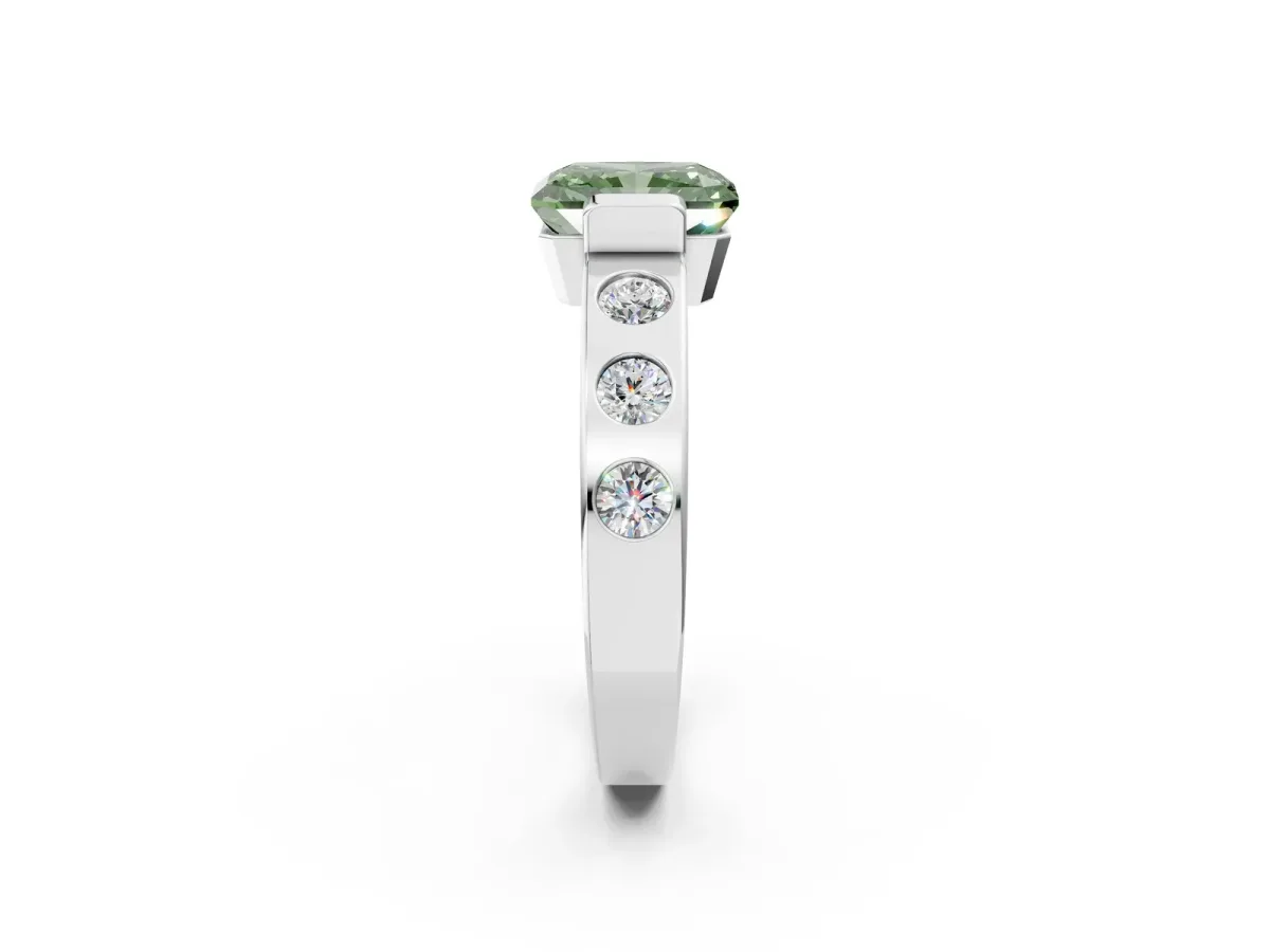 Fancy Green Radiant Cut Brilliant Channel-Set Diamond Ring with Bezel Prong Setting Platinum